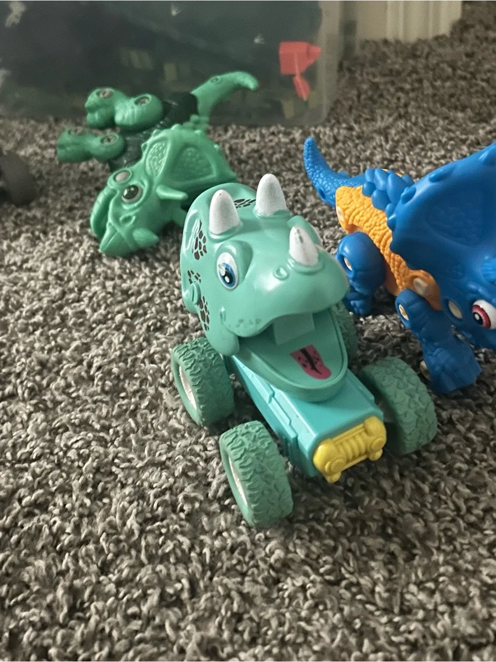 4 Gray, green ,blue  Dino Monsters Truck Toy - Kids Vehicle two have wheels .